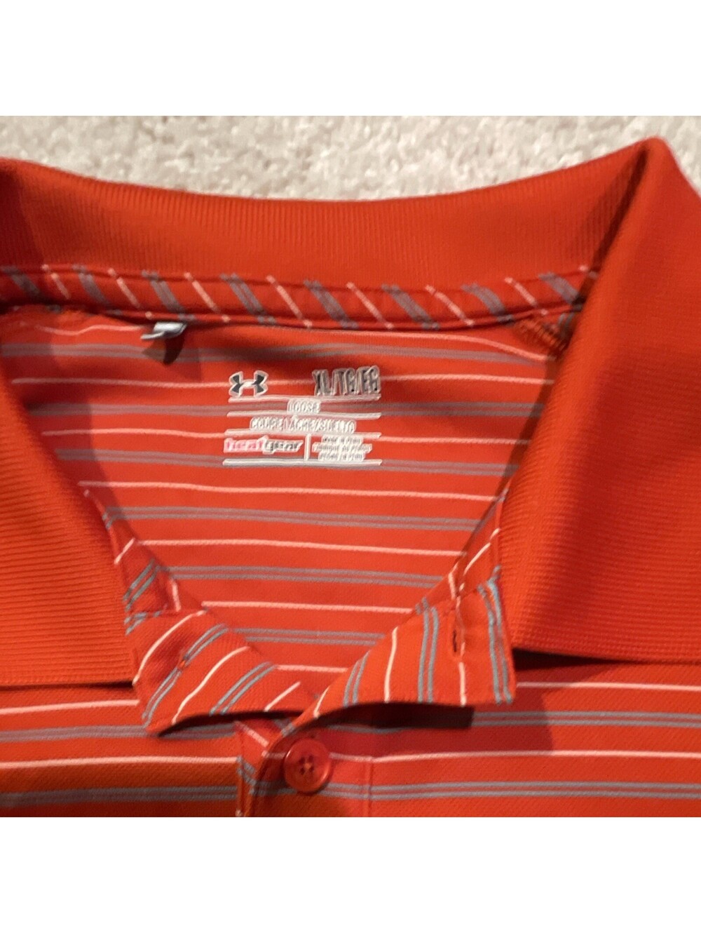 Under Armour HeatGear Men's XL Polo Orange/Blue/Gray/White Striped Logo Button - Picture 2 of 7